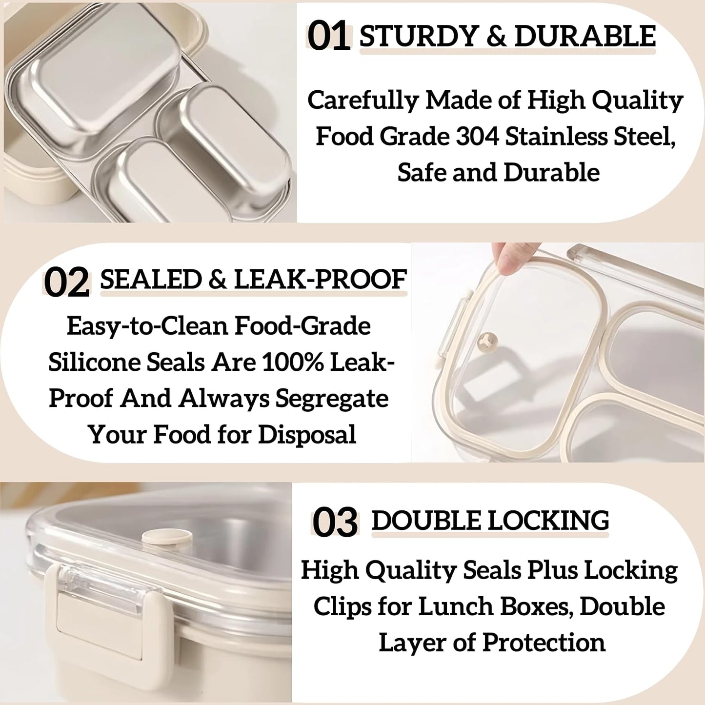 Stainless Steel Lunch Box for Kids, 3-Compartment Bento Box with Lid | Leakproof, Eco-Friendly Metal Food Container for School, Work, Picnic | Easy to Clean & Microwave Safe (White)