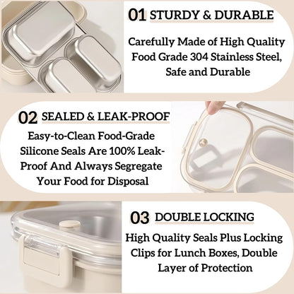 Stainless Steel Lunch Box for Kids, 3-Compartment Bento Box with Lid | Leakproof, Eco-Friendly Metal Food Container for School, Work, Picnic | Easy to Clean & Microwave Safe (White)