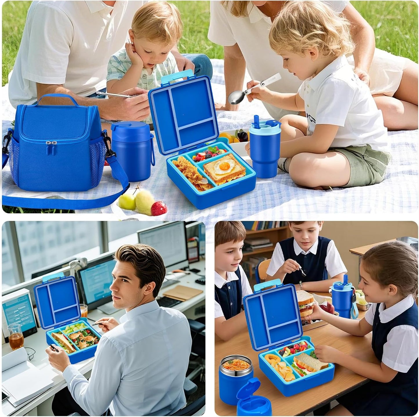 Bento Lunch Box for Kids with 17oz Soup Thermo,Insulated Tumbler Water Bottle and Insulated Lunch Bag,Leak-Proof 3 Compartment Lunch Food Container with Ice Pack for Kids to School-Horse