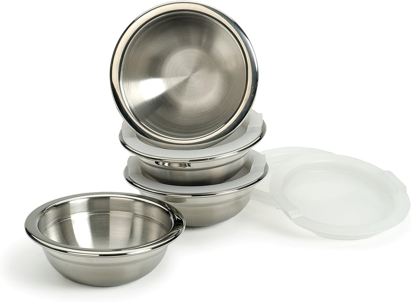 RSVP International Kitchen Prep Bowl Collection, Stainless Steel, Dishwasher Safe, Cup & Lid, 4 Piece, 3-ounce