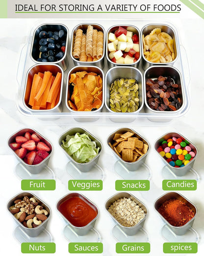 Snackle Box Container, Stainless Steel Divided Serving Tray with Lid and Handle, Large Snack Tray for Fruit Veggie Candy, 8-Compartment Snack Platter for Travel Party Beach Picnic