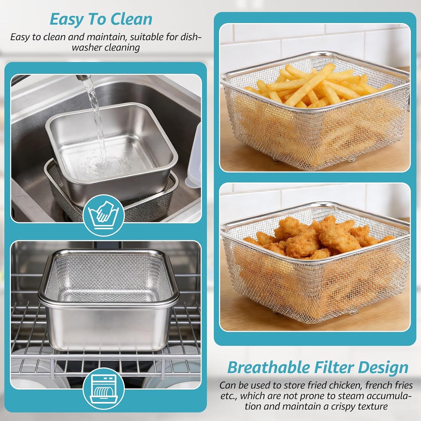 Stainless Steel Colander Set, Square Strainer with Lid for Draining Vegetable Washing Rice, 2 in 1 Strainer Bowl & Food Storage Container Food Preparation Box Bowl (1500ml)