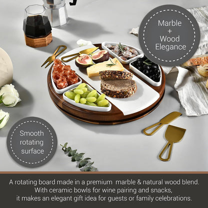 Shanik Acacia Wood Lazy Susan Cheese Board Set – Rotating Charcuterie Platter, Elegant Serving Tray for Appetizers, Snacks, Parties & Weddings