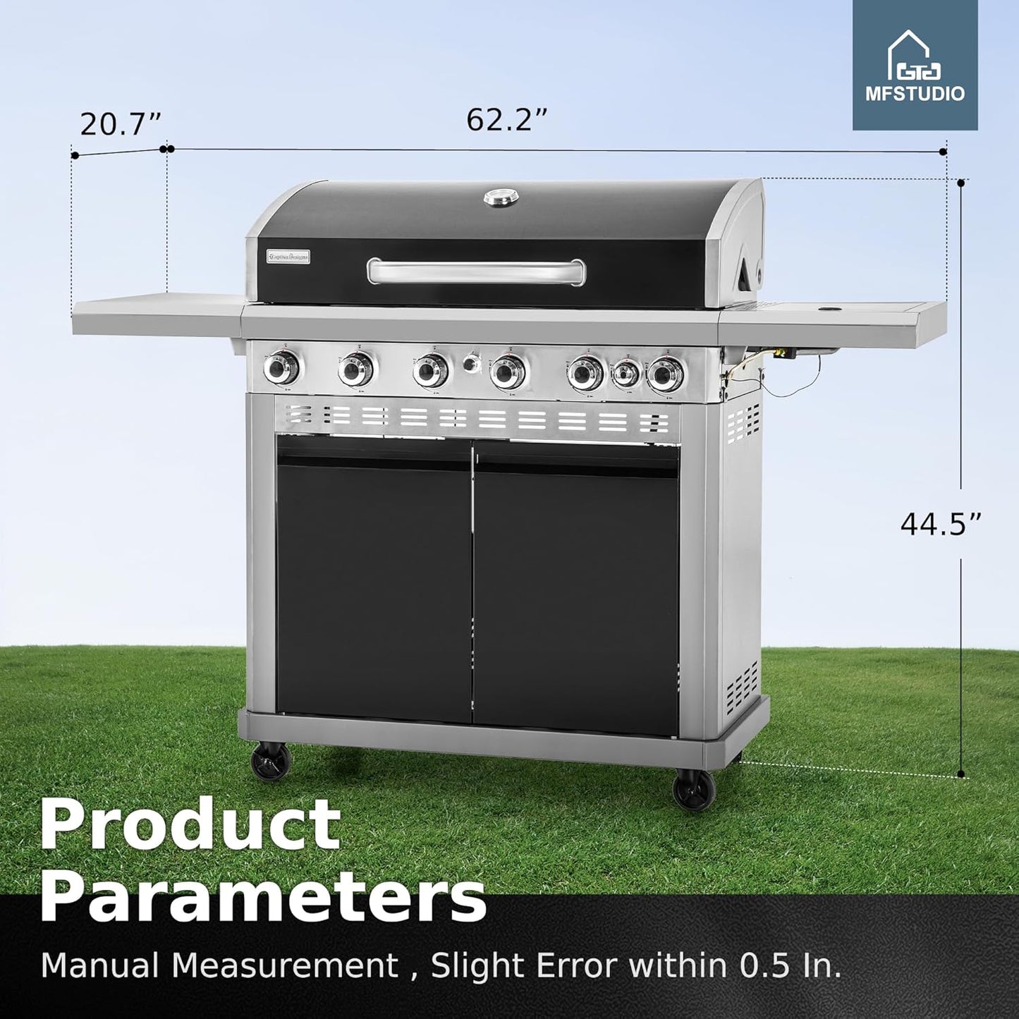 MFSTUDIO 5 Burner Gas Grill Griddle Combo with Porcelain-Enameled Cast Iron Grates,Cutting Board and Double Lids, Duel-Function Propane BBQ Grills with Flat Top Grddle for Outdoor Barbecue Cooking