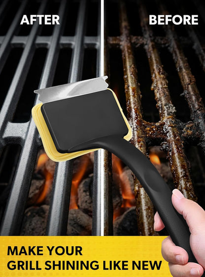 MEKER Grill Brush Bristle Free, Grill Cleaner Brush with 5 BBQ Replacement Head for Cast Iron, Stainless Steel Grates, Safe Grill Scraper Outdoor BBQ Grill, Black