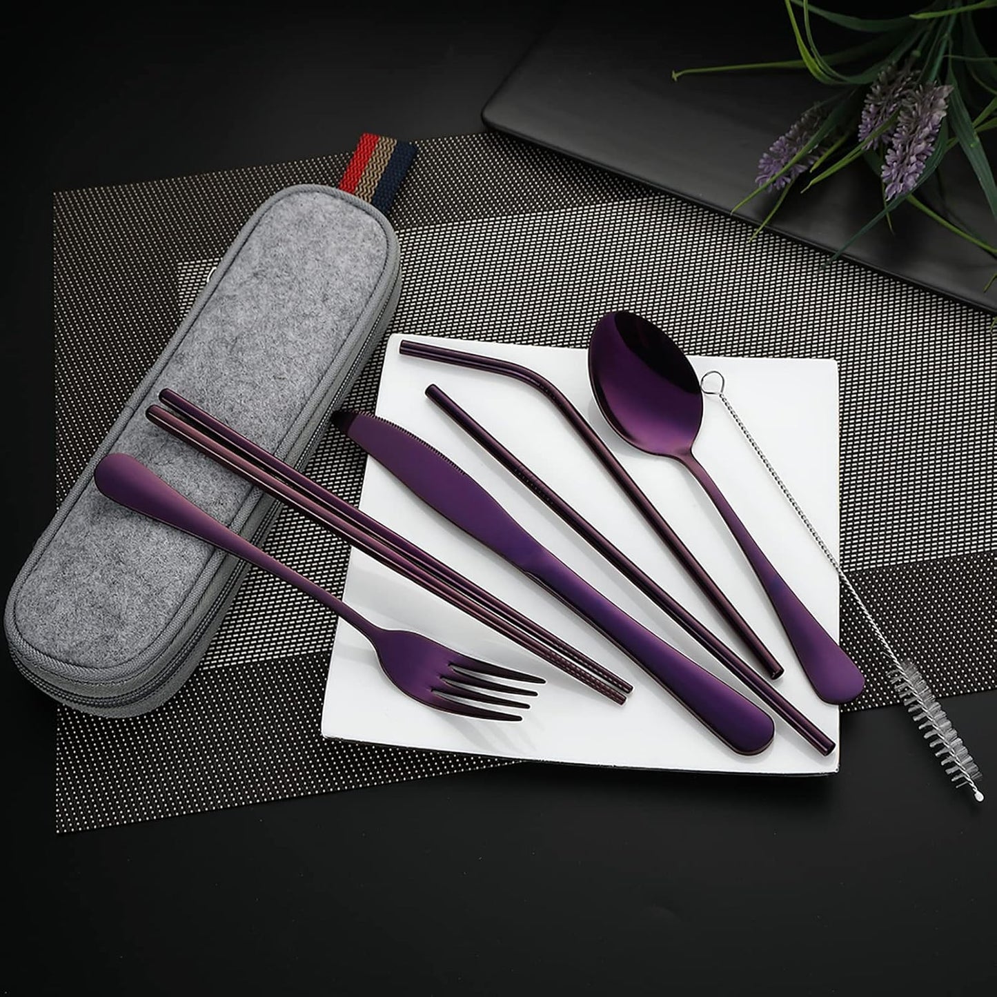 DEVICO Camping Utensils, 8-Piece Full-Size Reusable Silverware for Lunch Adult, Stainless Steel Portable Fork Spoon Knife Set for Work, Travel Cutlery Set with Case and Chopsticks Straws (Rainbow)