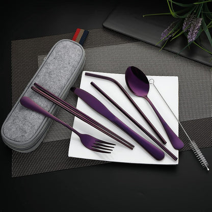 DEVICO Camping Utensils, 8-Piece Full-Size Reusable Silverware for Lunch Adult, Stainless Steel Portable Fork Spoon Knife Set for Work, Travel Cutlery Set with Case and Chopsticks Straws (Rainbow)