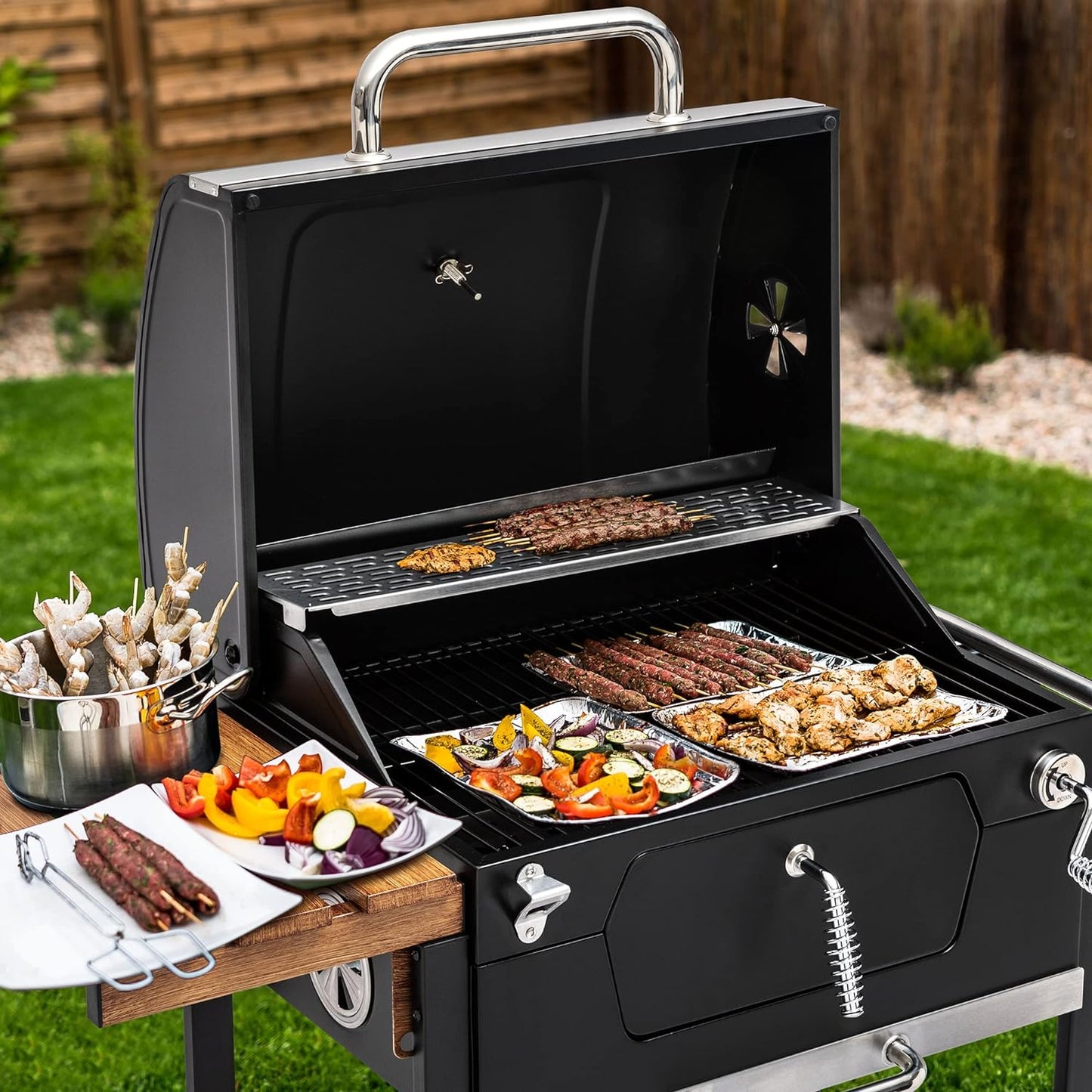 Royal Gourmet CD1824ET Movable Charcoal BBQ Grill with Foldable Side Tables, Outdoor Barbecue Grill with 470 Sq. In. Cooking Area for Outdoor Picnic and Camping Grilling, Black