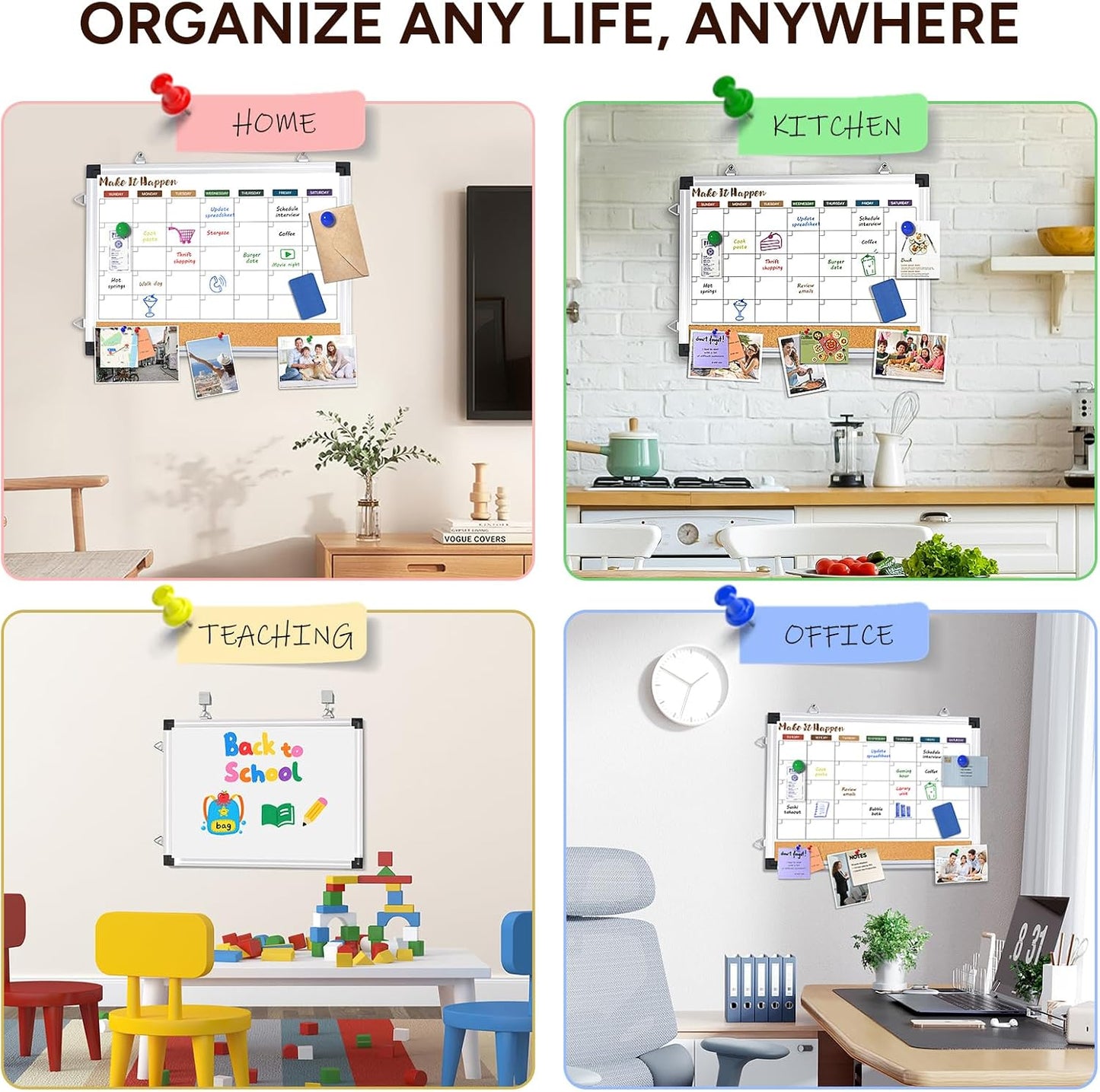 Marsrock Weekly Calendar Whiteboard and Cork Board Combo for Wall, 17"x13" Reversible Hanging Dry Erase Board, Double Sided White Board with Aluminum Frame for Planning, Office, Kitchen, School, Home