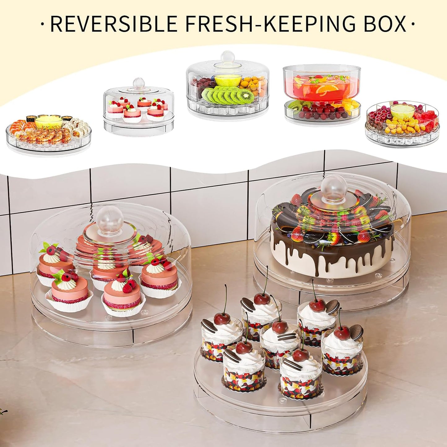 Compact Multifunc Chilled Serving Tray with Clear Rotating Lid,9 Inch Fruit Platter Tray for Parties and Small Cake Stand with Ice Storage Four Compartment Platter for Veggie Sushi Snacks Cupcakes