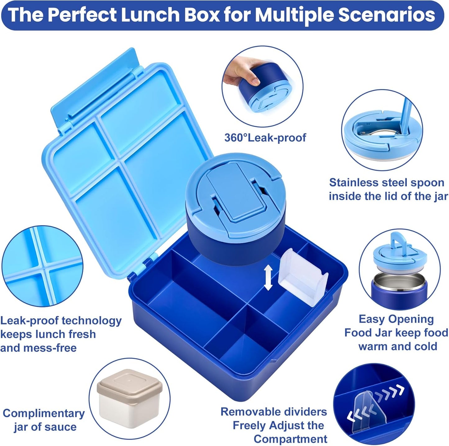 Bento Lunch Box with 8oz Soup Thermo,Kids Leakproof 4 Compartment Lunch Food Containers with Sauce Cup and Ice Pack,Kids Thermo Insulated Hot Food Jar and Lunch Bag for School,Trvael-Black