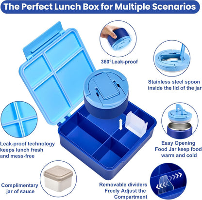 Bento Lunch Box with 8oz Soup Thermo,Kids Leakproof 4 Compartment Lunch Food Containers with Sauce Cup and Ice Pack,Kids Thermo Insulated Hot Food Jar and Lunch Bag for School,Trvael-Black