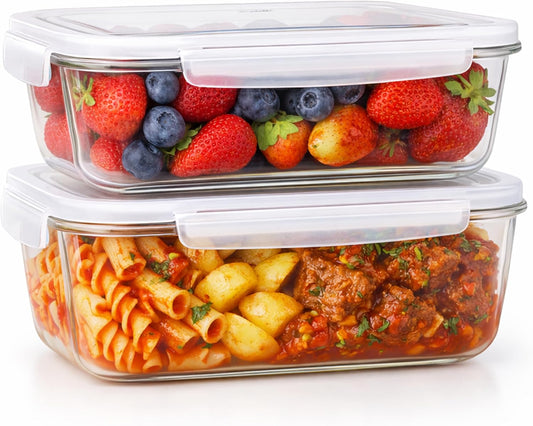 Levietti 2-Pack Borosilicate Glass Food Storage Containers with Lids 35oz (1040 ml) — Airtight Leakproof Meal Prep Containers, BPA-Free Snap Lock Lids, Oven Microwave Freezer Dishwasher Safe