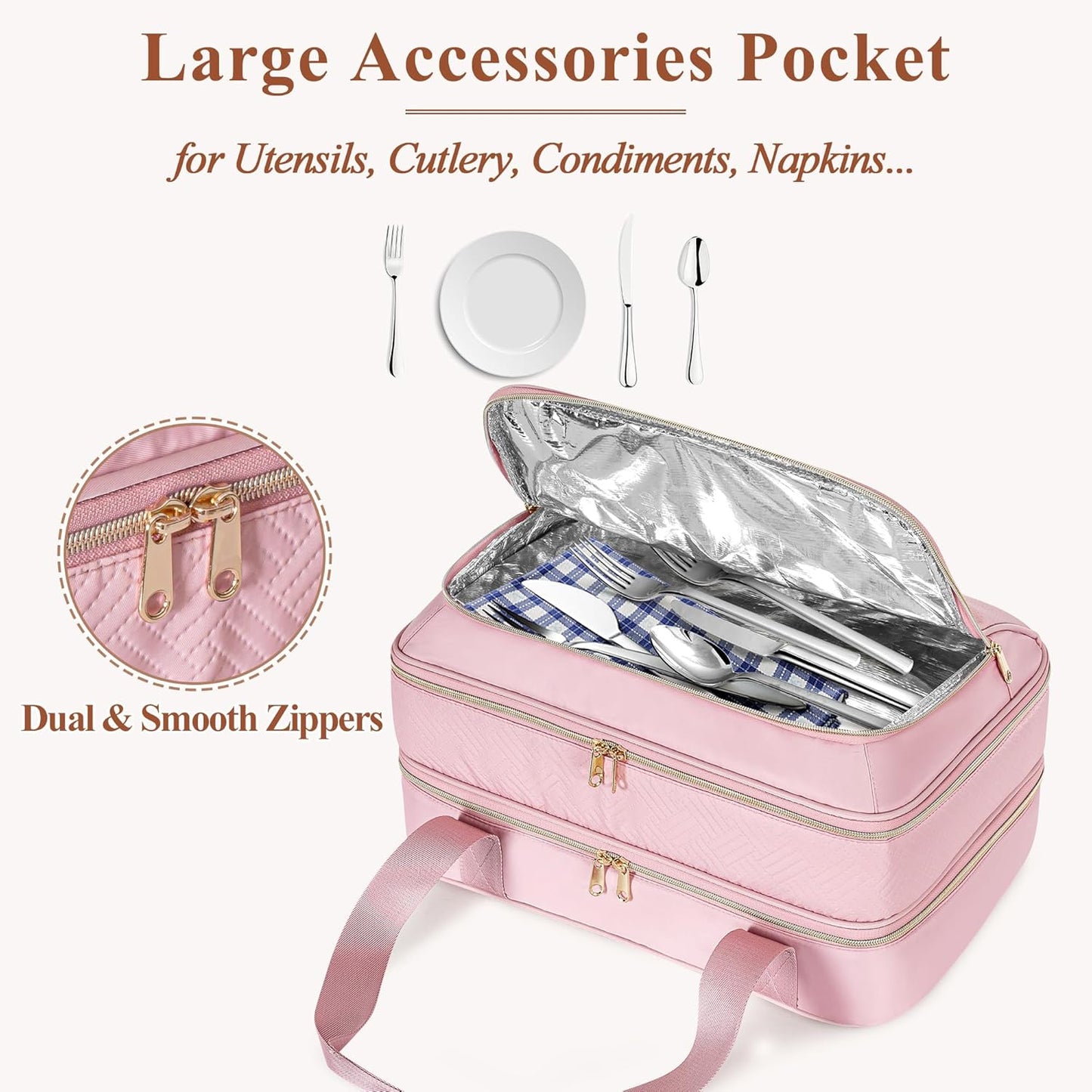 Insulated Casserole Carrier for Hot or Cold Food, Thermal Lasagna Lugger Tote to Keep Food Warm, Double Decker Food Warmer Bag Fits 9”x13” Baking Dish, Pink