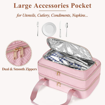 Insulated Casserole Carrier for Hot or Cold Food, Thermal Lasagna Lugger Tote to Keep Food Warm, Double Decker Food Warmer Bag Fits 9”x13” Baking Dish, Pink