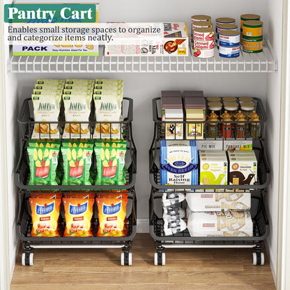 Giwil 3-Tier Rolling Pantry Organizers with Wheels, Stackable Wire Basket for Kitchen Pantry Shelves, Vegetable Storage Rack Pantry Cart for Snack Fruit Onion Potato, Black