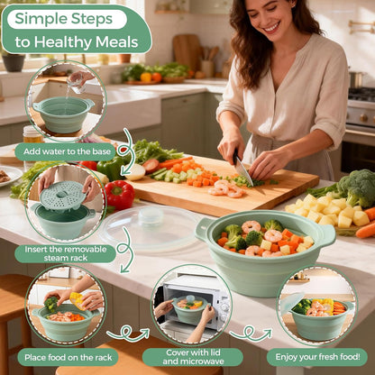 FUNKYLEE 42oz Collapsible Silicone Microwave Steamer for Vegetables, Green
