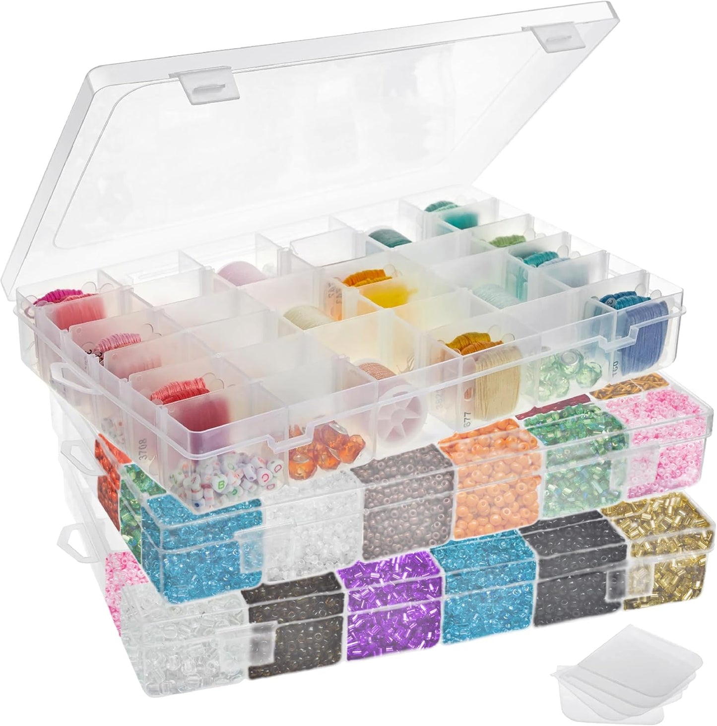 Juvale Jewelry Organizer Box - 3-Pack, 1.7 x 10.75 x 7 In, Clear Plastic - Bead Storage Containers with 36 Compartments & Dividers - Stackable Screw Organizer Box