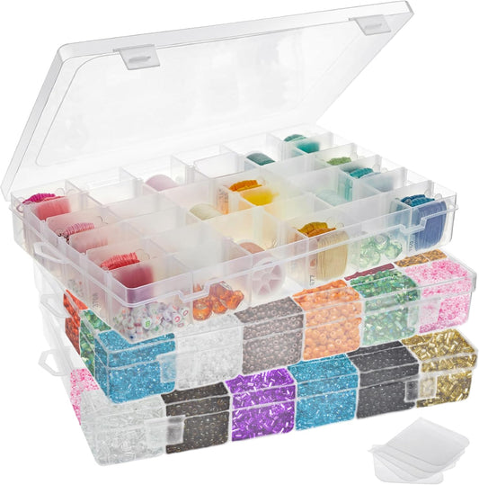 Juvale Jewelry Organizer Box - 3-Pack, 1.7 x 10.75 x 7 In, Clear Plastic - Bead Storage Containers with 36 Compartments & Dividers - Stackable Screw Organizer Box