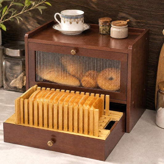 Solid Wood Bread Box with Pull-Out Bamboo Bread Slicer for Kitchen Counter