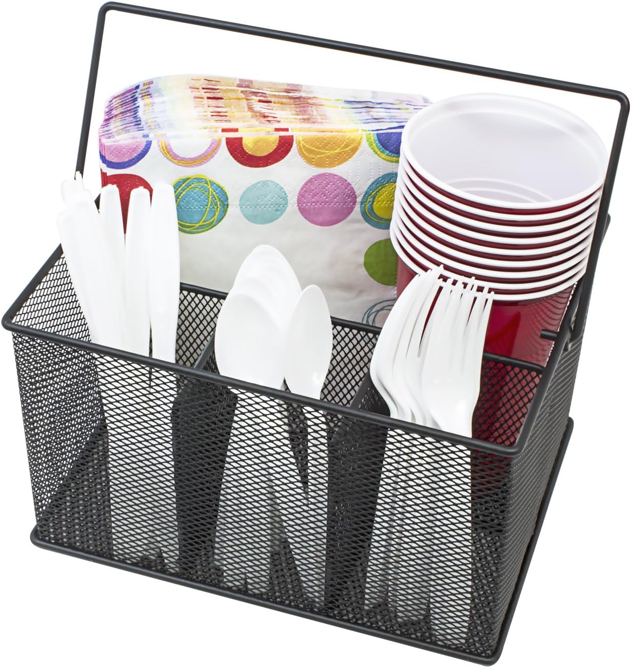 Sorbus® Utensil Caddy — Silverware, Napkin Holder, and Condiment Organizer — Multi-Purpose Steel Mesh Caddy—Ideal for Kitchen, Dining, Entertaining, Tailgating, Picnics, and much more (White)