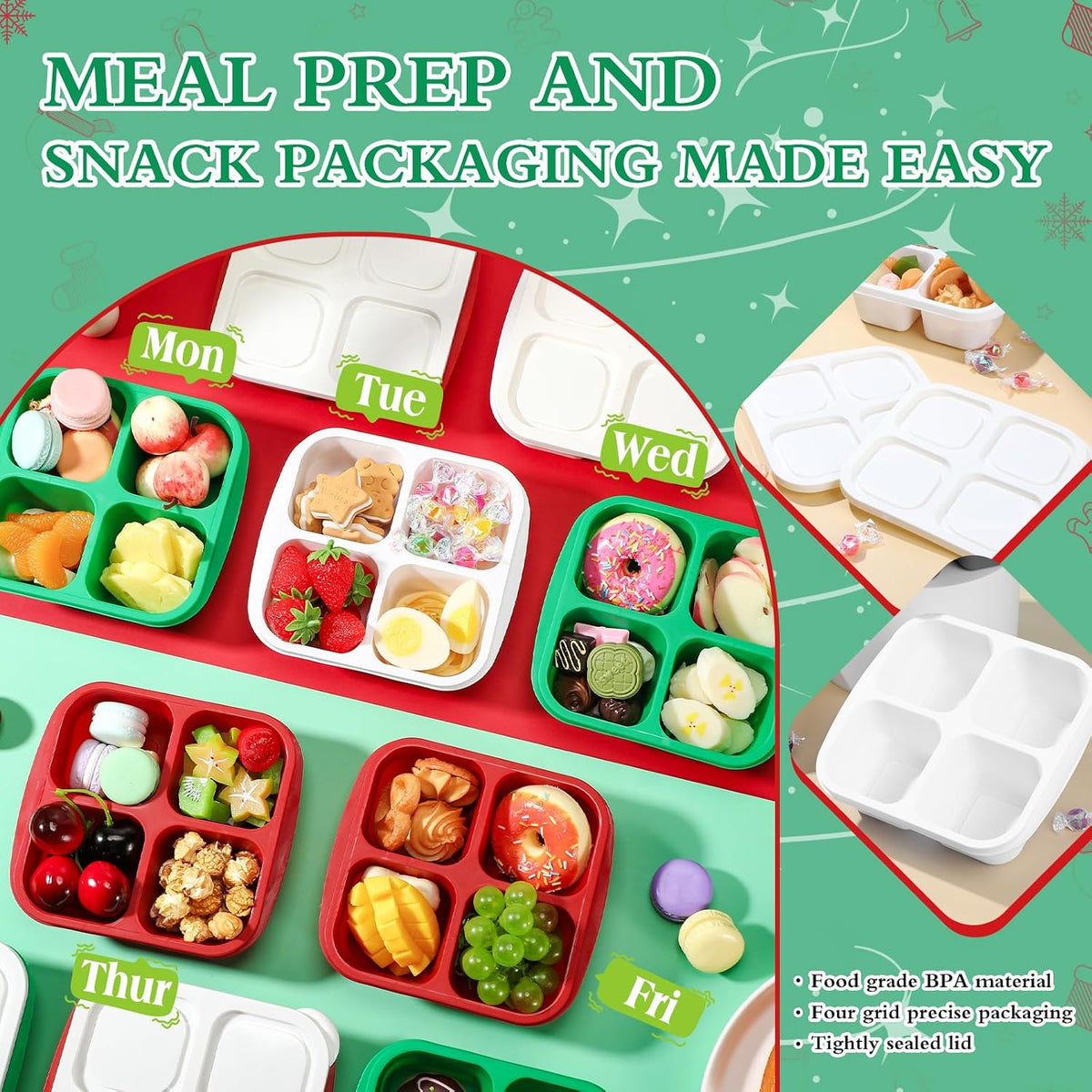 Honeydak 10 Pack Bento Snack Containers 4 Compartment Snack Boxes Reusable Containers with Lids Divided Meal Prep Lunch Food Storage Box for School Work Travel