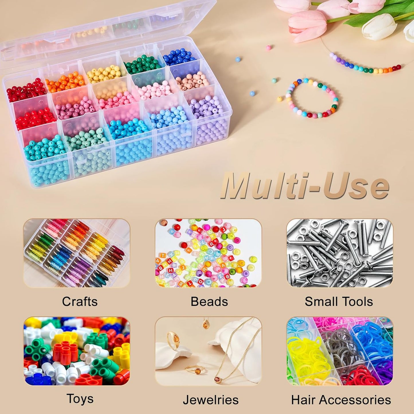 Mauproy 4 Pack 8 Grids Bead Organizer and Storage, Clear Plastic Storage Containers with Removable Dividers and Labels Small Tackle Box Organizer for Jewelry Crafts Electronics Small Parts