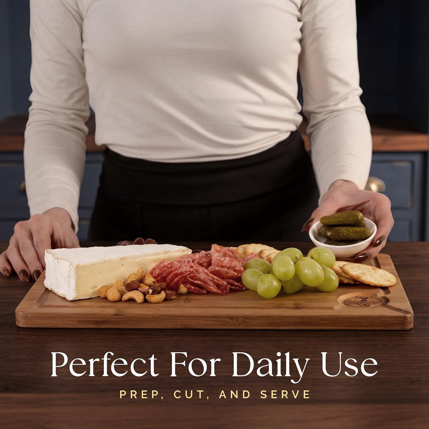 Pre-Oiled, Non Toxic 3-Piece Carbonized Bamboo Cutting Board Set, 500°F Carbonized Technology Eco-Friendly Wooden Chopping Boards for Kitchen with Juice Groove, Charcuterie Serving Boards Deer & Oak