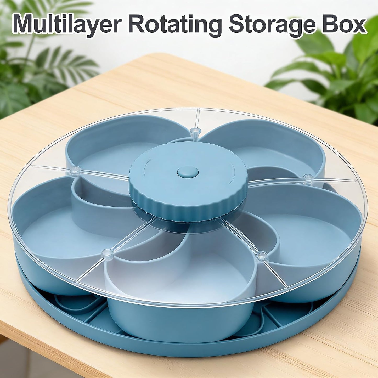 Divided Spin & Snack Serving Tray, Portable Travel Rotating Multi-Compartment Food Organizer with Lid, Party Platter for Chips, Veggies, Fruits, Dips, Nuts (Blue)