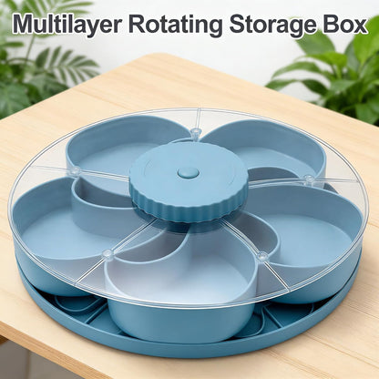 Divided Spin & Snack Serving Tray, Portable Travel Rotating Multi-Compartment Food Organizer with Lid, Party Platter for Chips, Veggies, Fruits, Dips, Nuts (Blue)