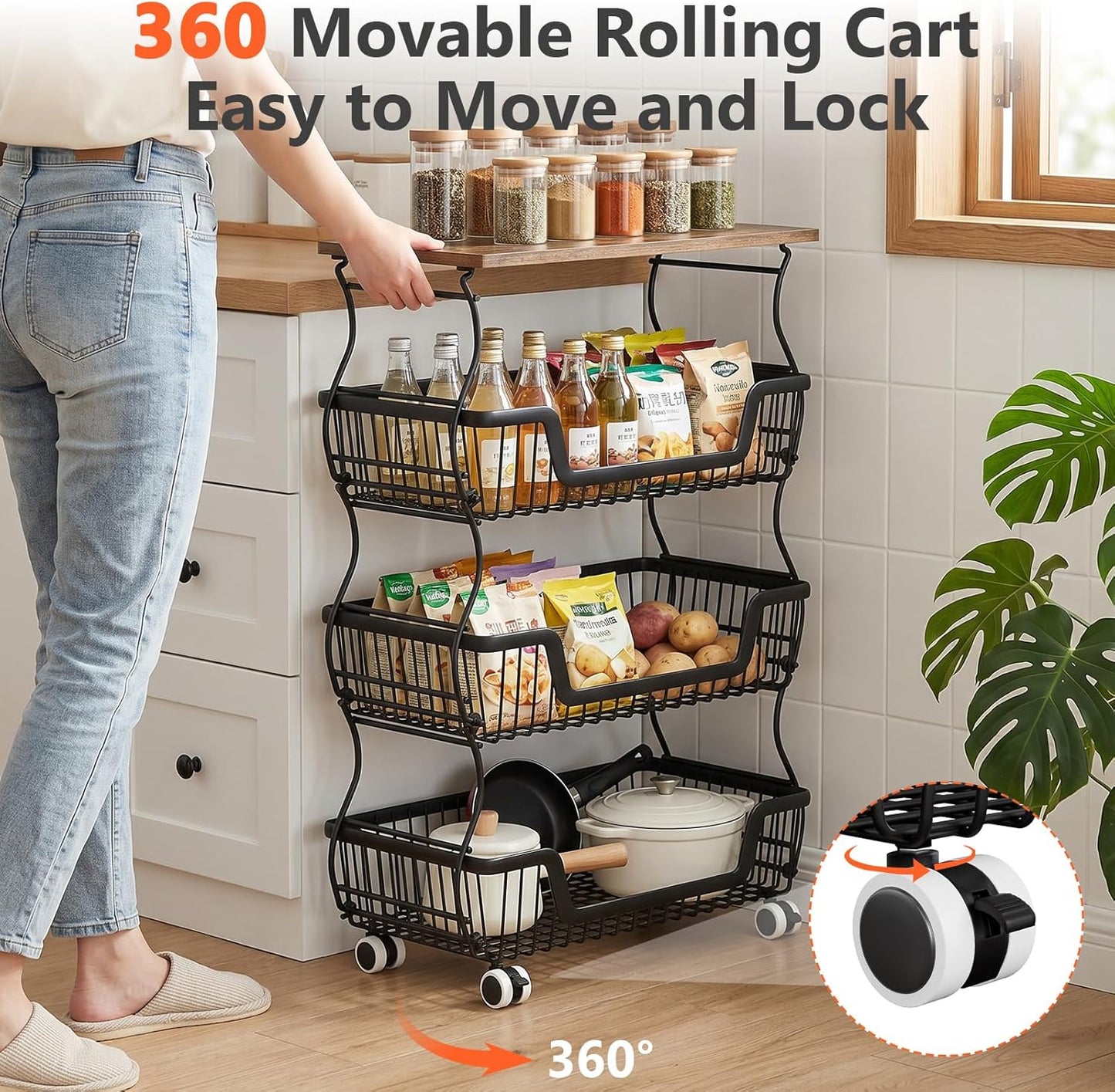 2 Pack 3-Tier Rolling Kitchen Storage Cart Fruit Basket Stand for Vegetables & Snacks Stackable Wire Pantry Floor Organizer with Wheels for Kitchen, Living Room, Bedroom, Office (Black)