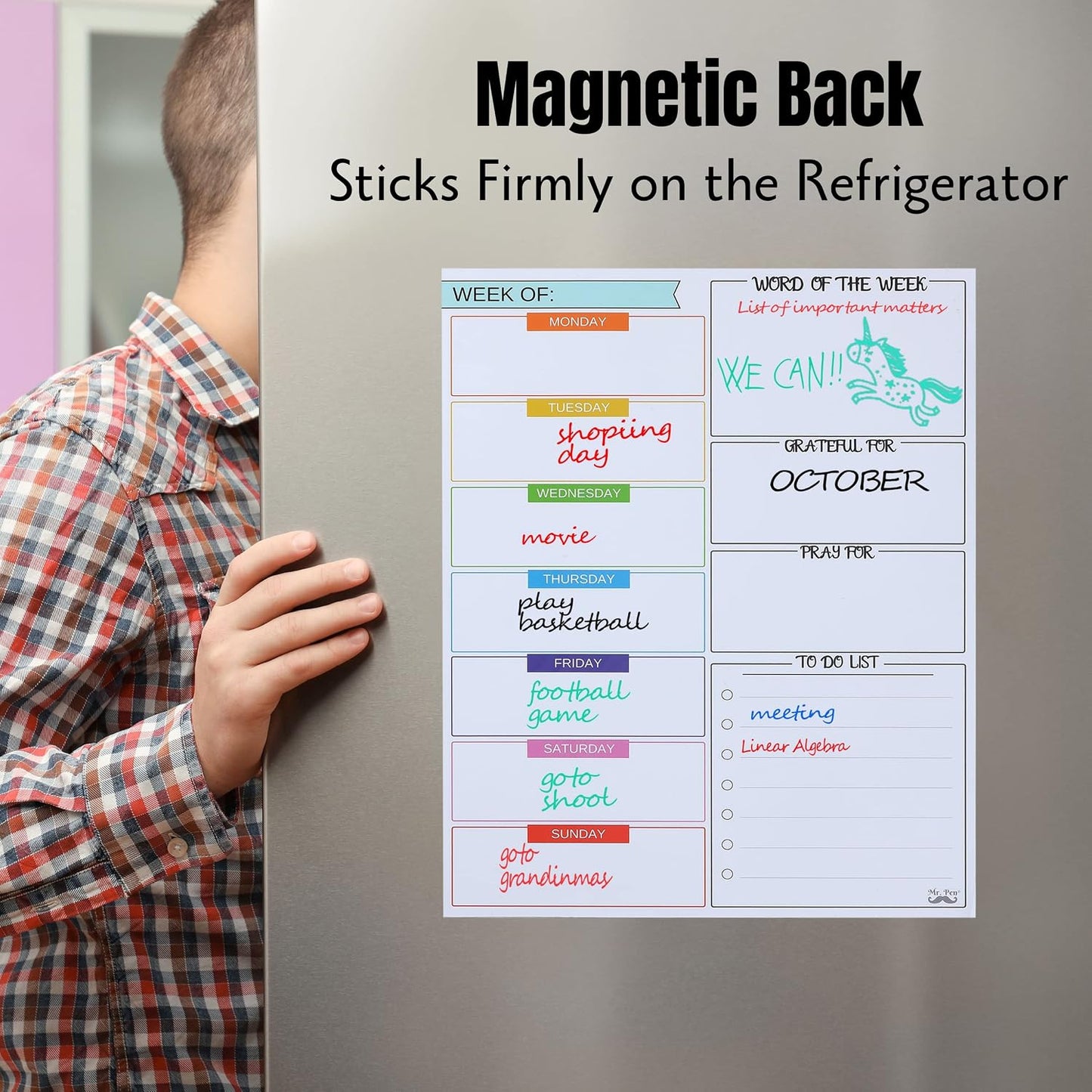 Mr. Pen- Magnetic Weekly Dry Erase Planner for Fridge, 12x15 Inches, Dry Erase Whiteboard Fridge Calendar with 4 Markers & Large Writing Space for Schedules, Chores, Meal Planning & Family To-Do List