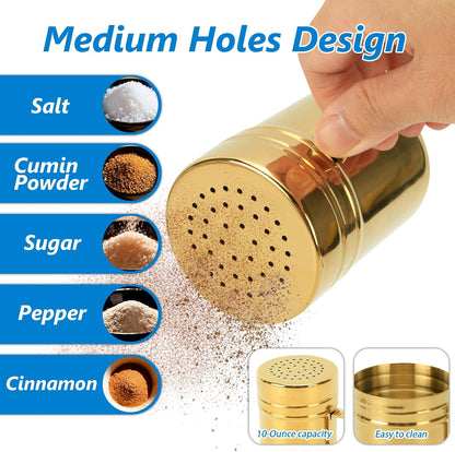 SmileCat 2pcs 10oz Stainless Steel Powder Pepper Sugar Shaker Duster,With Handle-Seasonings Spice Shakers With Large Holes and Lids.Medium Hole Will Work Great for Fine Salt,Flour,Cinnamon,Cheese.Gold
