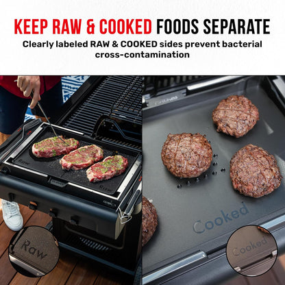 Grillbot FlipTray Dual-Sided Grilling Prep and Serving Tray - Raw/Cooked Food Separation, BBQ Grill Carry System Tray, Built-in Stainless Tools, BPA-Free, Dishwasher Safe, Tray for Outdoor Grill