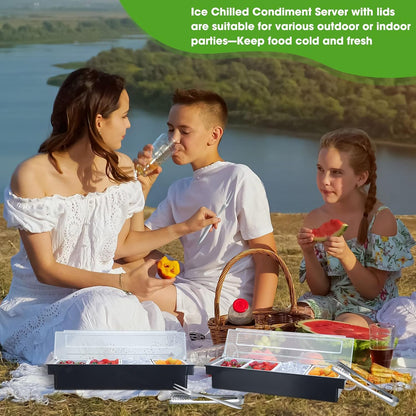 2 Ice Cooled Garnish Tray Deck Bar Garnish Caddy Condiment Containers with Lids and Removable Chilled Condiment Server with 6 Tongs and 6 Fruit Forks (6 Compartments)