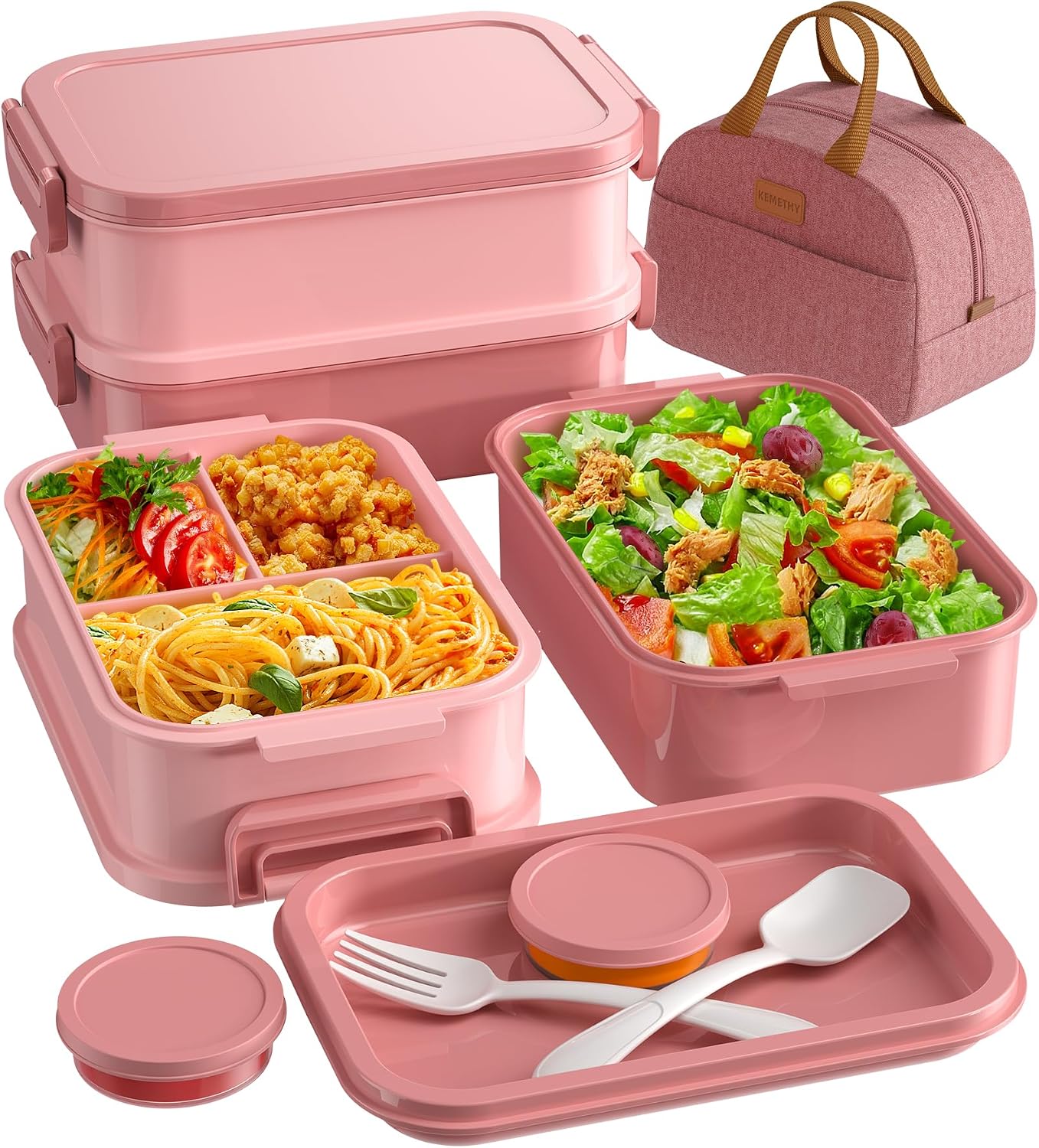KEMETHY Adults Bento Lunch Box Set with Thermo Bag, 74oz Stackable Leak-proof 3-tiers Bento Box, Built-in Utensil and Sauce Container for Work, School, Dining Out (Gray)
