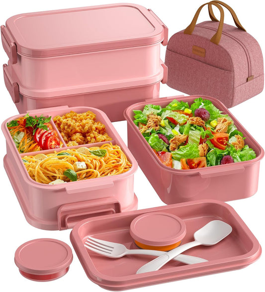 KEMETHY Adults Bento Lunch Box Set with Thermo Bag, 74oz Stackable Leak-proof 3-tiers Bento Box, Built-in Utensil and Sauce Container for Work, School, Dining Out (Gray)