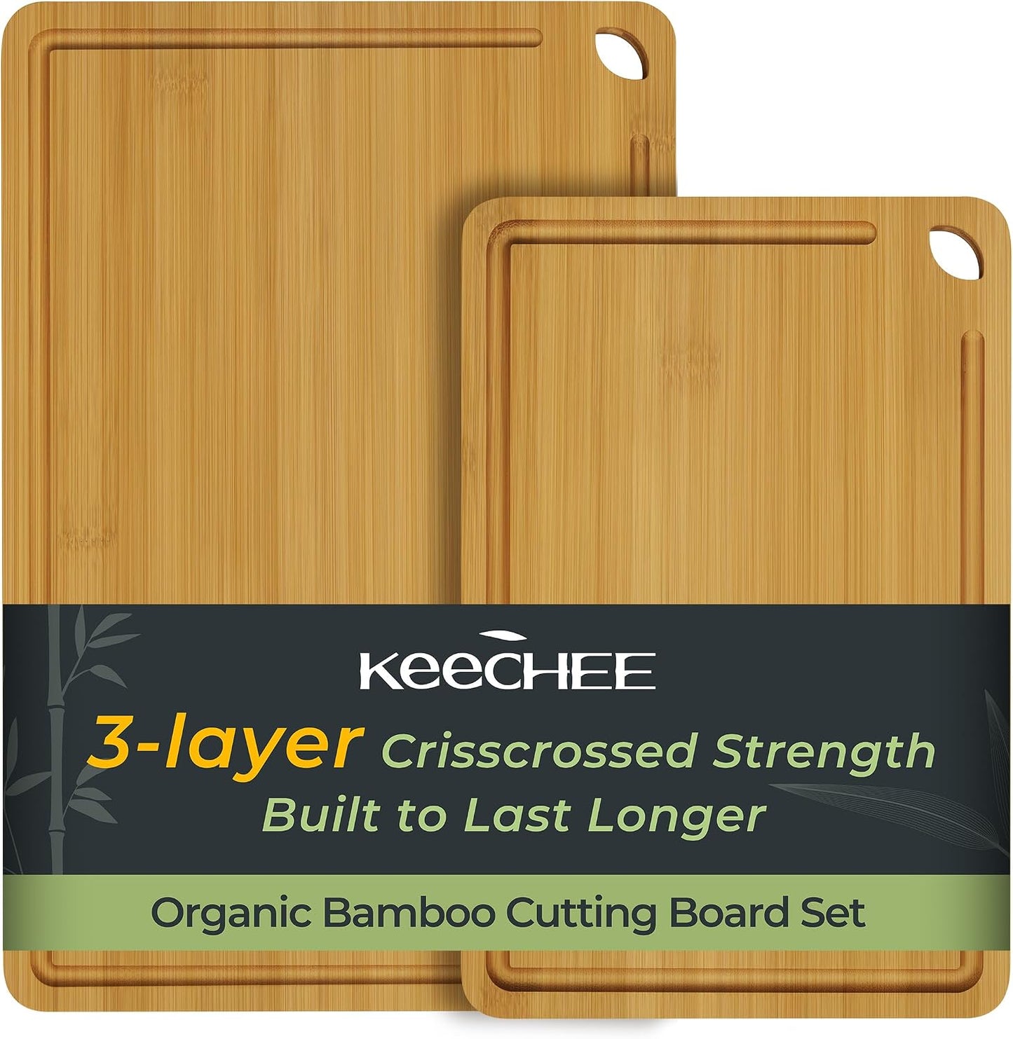 Keechee Wood Cutting Board for Kitchen - Reversible Bamboo Cutting Boards Gift Set of 3 with Juice Groove, Wooden Chopping Board for Meat, Fruit, Vegetables & Cheese (Pre Oiled, Natural)
