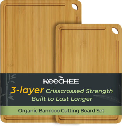 Keechee Wood Cutting Board for Kitchen - Reversible Bamboo Cutting Boards Gift Set of 3 with Juice Groove, Wooden Chopping Board for Meat, Fruit, Vegetables & Cheese (Pre Oiled, Natural)