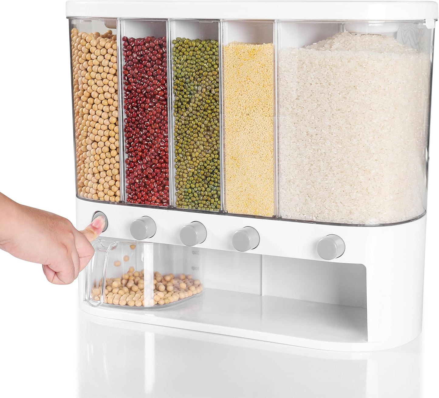 Wall Mounted Dry Food Dispenser with Individual Containers and Removable Walls for Rice, Beans, small grains, Lentils for Pantry and Kitchen Storage with Measuring Cup – 5 Grids