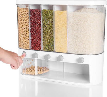 Wall Mounted Dry Food Dispenser with Individual Containers and Removable Walls for Rice, Beans, small grains, Lentils for Pantry and Kitchen Storage with Measuring Cup – 5 Grids