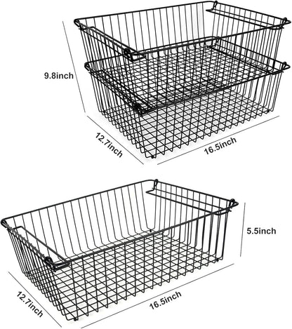 Set of 2 Stackable XXL Wire Baskets For Pantry Storage and Organization -16x12in Large Metal Food Baskets -Vegetable,Fruit,Potato,Onio, Pantry Storage Bins With Handles (Black, XXL)
