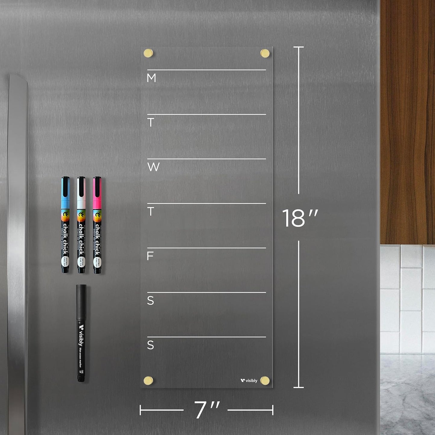 Magnetic Acrylic Weekly Calendar for Fridge, 7” x 18” Clear Refrigerator Planner, Weekly Schedule Planning Board, Includes 4 Magnetic Wet-Erase Markers, Gold Corner Magnets