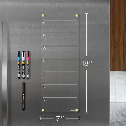 Magnetic Acrylic Weekly Calendar for Fridge, 7” x 18” Clear Refrigerator Planner, Weekly Schedule Planning Board, Includes 4 Magnetic Wet-Erase Markers, Gold Corner Magnets