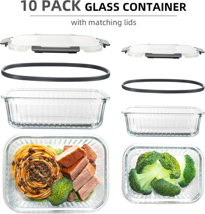 Meal Prep Containers Glass 10 Pack - Striped Food Storage Containers with Lids Airtight, 2 Sizes, Microwave Dishwasher Freezer Safe, Clear