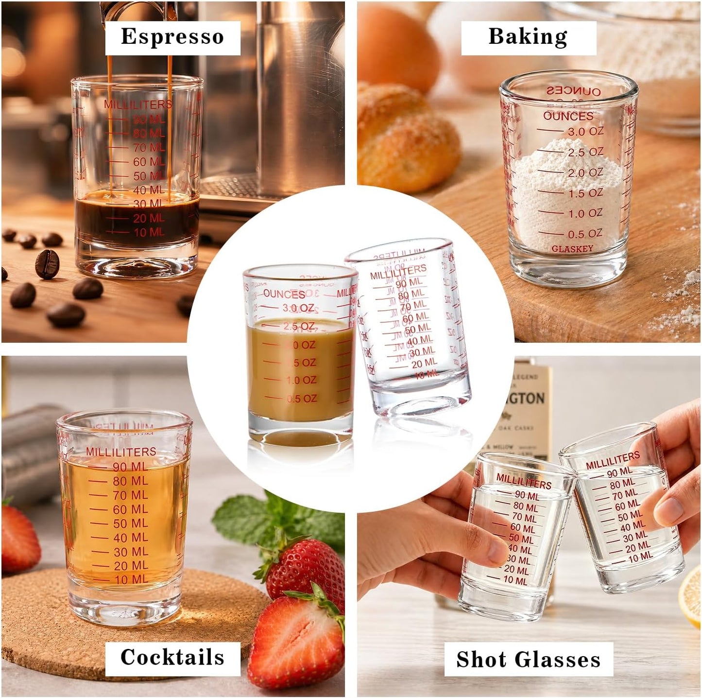 GLASKEY Shot Glasses Measuring Cup Set - 2 Pack Espresso Shot Glasses with Precise Measurement Marks,Heavy Duty Glass,Dishwasher Safe,Perfect for Coffee,Cocktails and Kitchen Use (Black & Red)