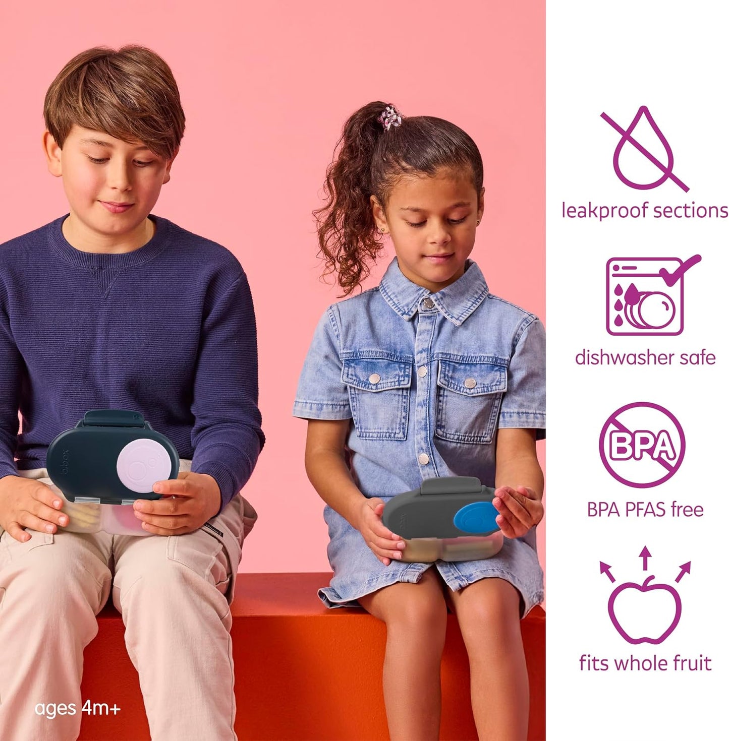 b.box Snack Box 2-Pack - Leak Proof Mini Bento Box for Kids & Toddlers, 2 Compartment Snack Containers for Kids, Dishwasher Safe, BPA-Free, PFAS-Free, Ages 4mo+, 1 3/4 Cup Each (Strawberry + Lilac)