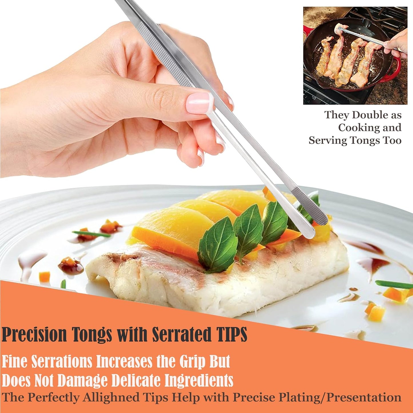 A2Z 2Pc Precision Kitchen Culinary Tweezer Tongs Set, Stainless Steel Offset Handle & Wide Jaws Chef Plating Tweezers for Plating Small Delicate Foods, Cooking, Grilling Serving Tongs - 12 inch