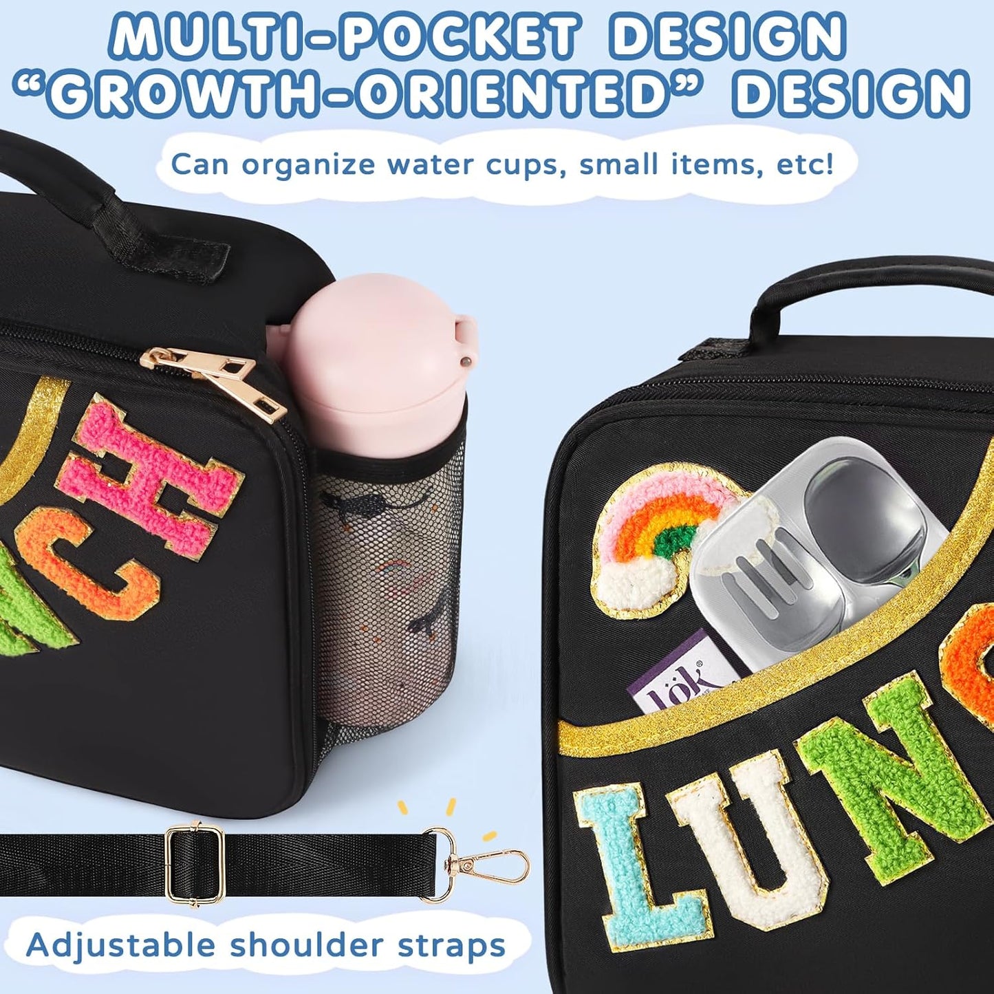 Nsrzua Lunch Bag Kids-Kids Insulated Lunch Bag with Adjustable Strap - Reusable Leakproof Lunch Box for Girls, Preppy School Lunch Tote for Travel, Picnic,School & Winter Camp