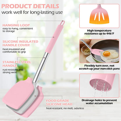 HaWare 29 PCS Silicone Cooking Utensils Set, Heat Resistant Kitchen Utensils Set with Stainless Steel Handle, Spatula Sets with Holder and Hooks, Kitchen Tools Gadgets for Nonstick Cookware -Khaki